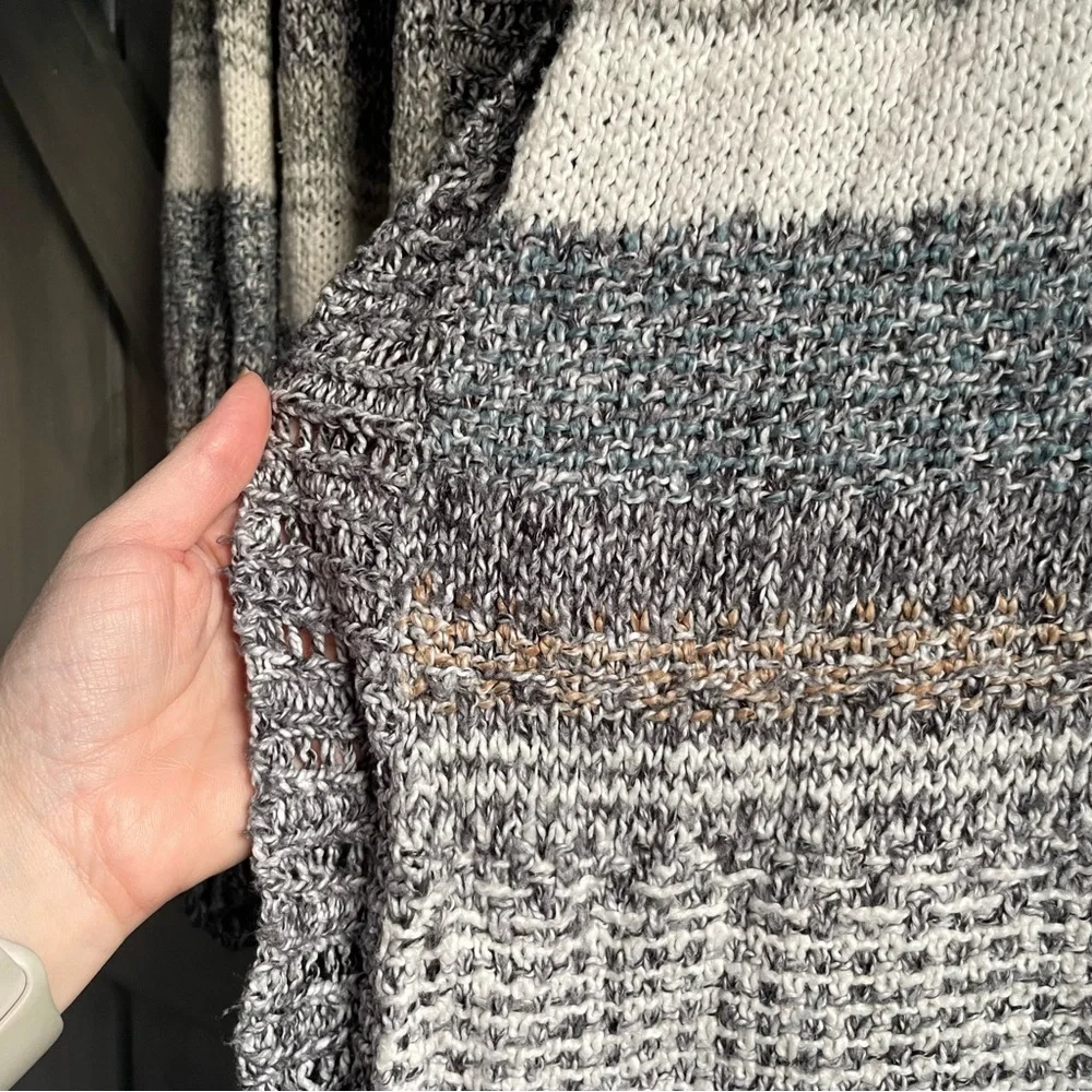 Maurice’s Autumn Stripes Blue brown gray white Open Knit Ruffle Trim long XL - Picture 4 of 7